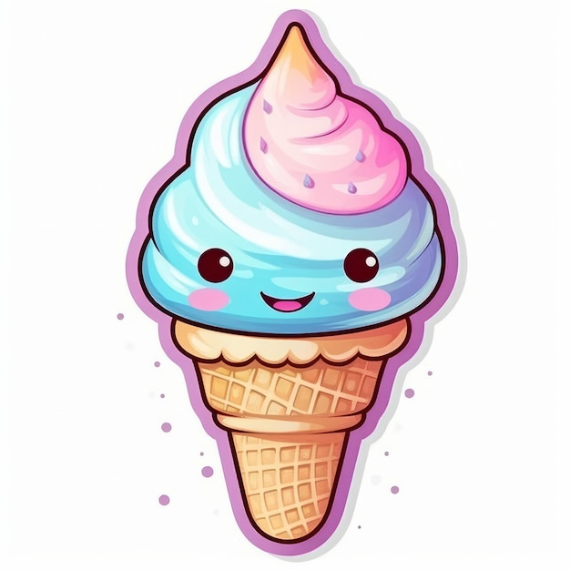 Un cono de helado de dibujos animados con una cobertura rosa y azul