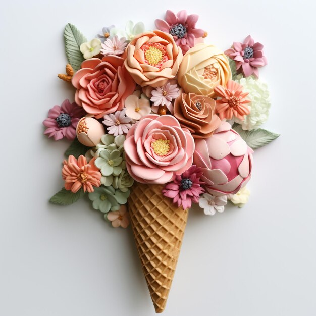 Un cono de helado con diseño de flores