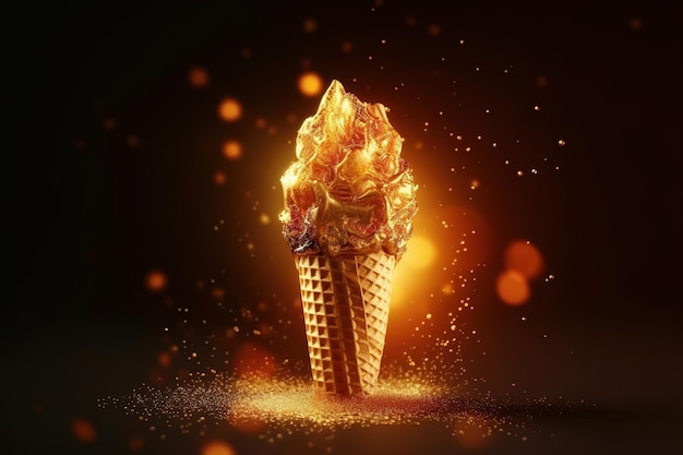 Un cono de helado dorado con un efecto de fuego en la parte inferior.