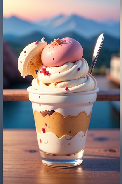 El cono de helado favorito del verano es un delicioso sorbete cremoso. Fondo de pantalla gourmet fresco.