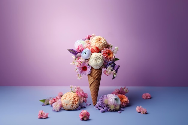 Cono de helado con flores Concepto mínimo de verano Ramo de flores en cono de galleta de helado Diseño de moda concepto de publicidad de verano bodegón creativo