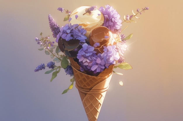 Un cono de helado con flores moradas en su imagen generativa ai.