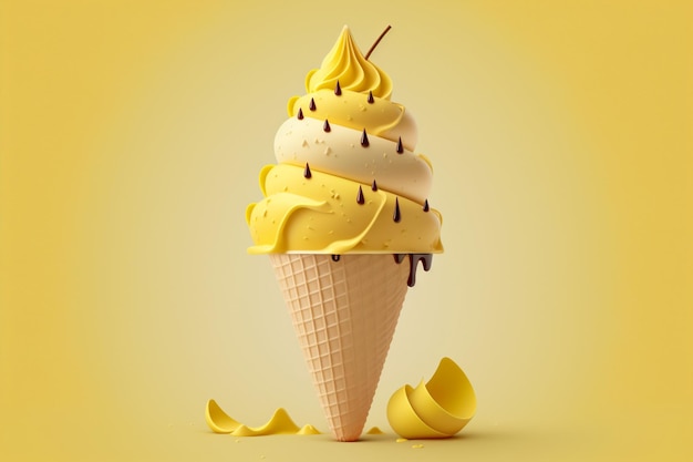 Un cono de helado con un fondo amarillo y una chispa de chocolate en la parte superior.