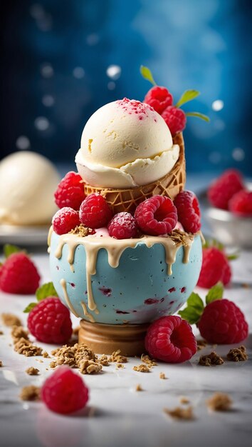 un cono de helado con un fondo azul y un plato azul con helado de frambuesa