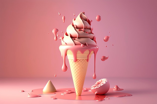 Cono de helado de fresa derritiéndose sobre fondo rosa