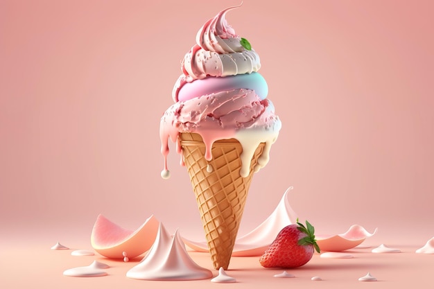 Cono de helado de fresa derritiéndose sobre fondo rosa