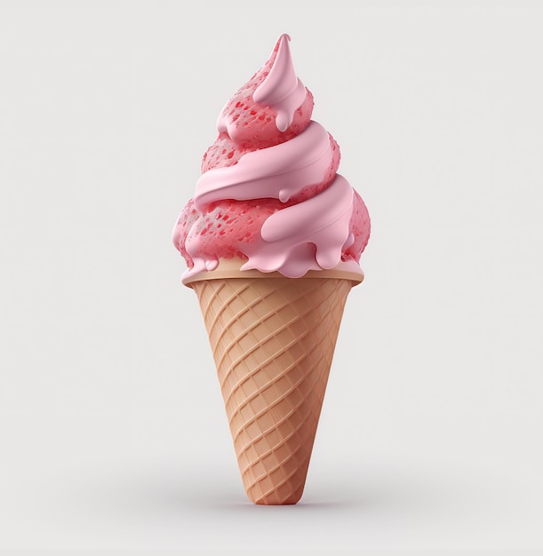 Un cono de helado de fresa con un fondo blanco.