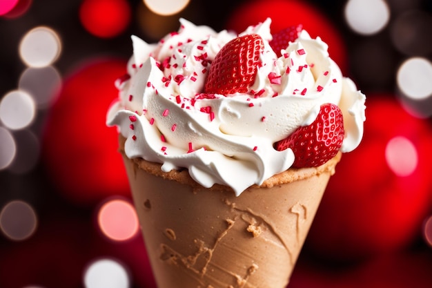 Un cono de helado de fresa con un fondo rojo y un fondo rojo.