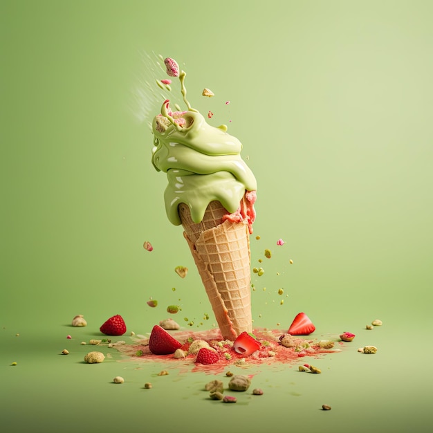 Cono de helado de fresa y pistacho fondo verde pastel