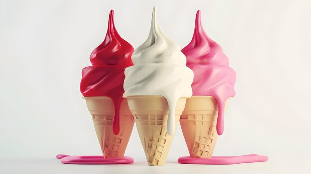 Foto cono de helado de fresa y vainilla 3d con cucharas goteadoras que representan la dulzura del verano sobre un fondo blanco