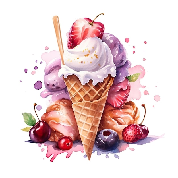 Un cono de helado con fresas, cerezas y croissants Imagen generativa de IA