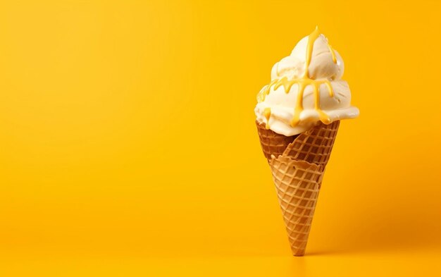 Un cono de helado con glaseado blanco sobre un fondo amarillo IA generativa