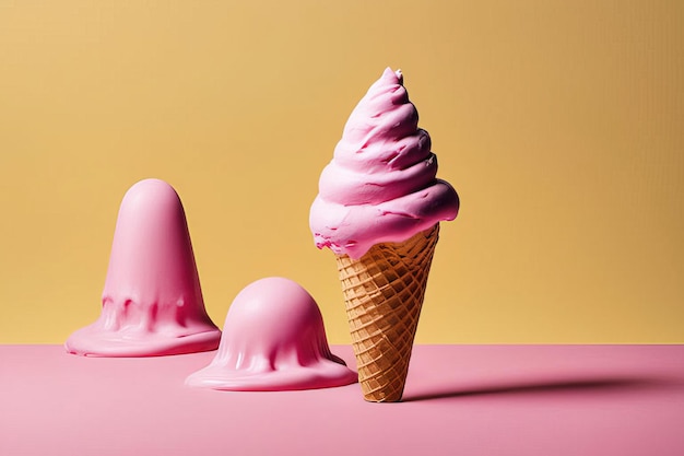 cono de helado con glaseado de chocolate blanco y dos conos en la vista superior de fondo rosa