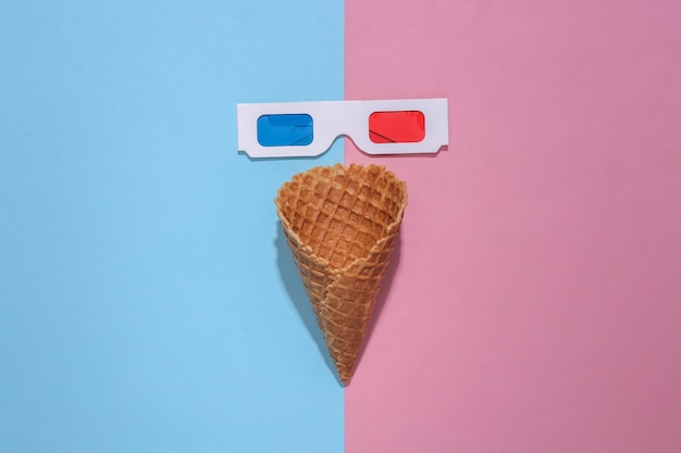 Cono de helado de gofre con gafas 3d