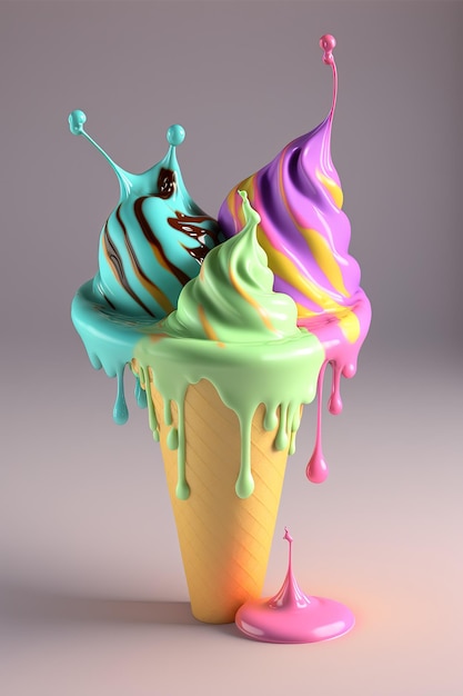 Cono de helado con gotitas multicolores que fluyen sobre fondo pastel Representación 3D IA generada