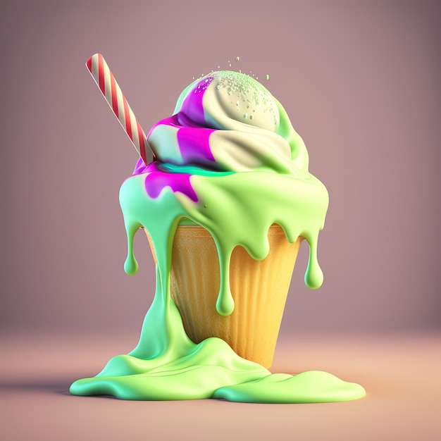 Cono de helado con gotitas multicolores que fluyen sobre fondo pastel Representación 3D IA generada