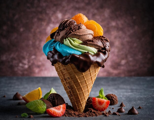 Foto un cono de helado con helado y fresas en él