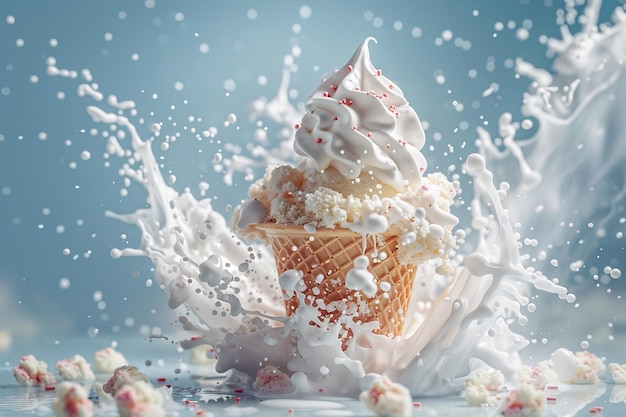 Foto un cono de helado con helado y salpicaduras de espuma blanca