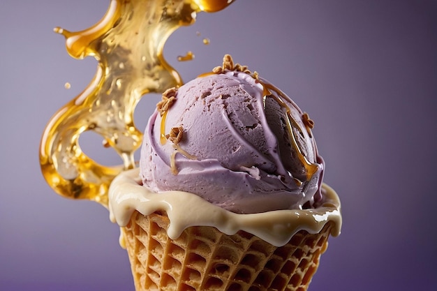 Un cono de helado de lavanda y miel