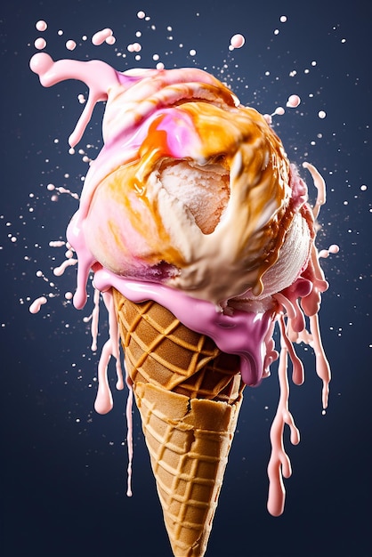 Un cono de helado con un líquido rosa