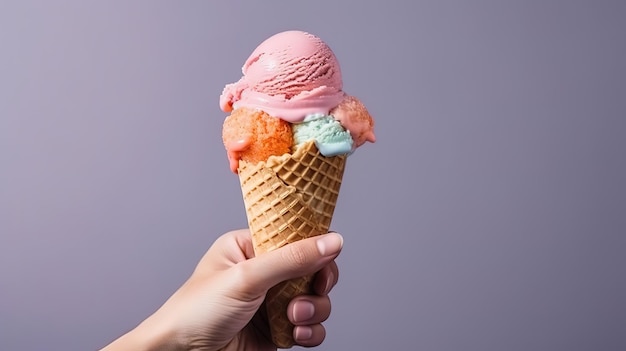 Cono de helado en la mano sobre fondo de color mínimo aislado Ai generativo