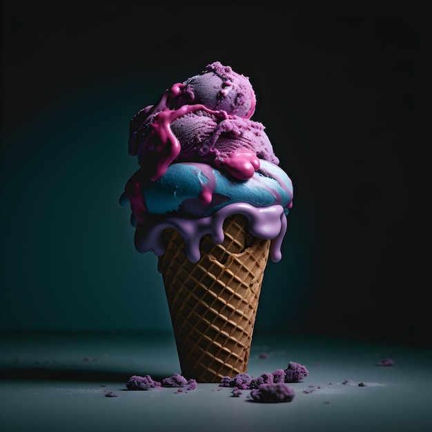 Foto un cono de helado morado y azul con una bola morada encima.