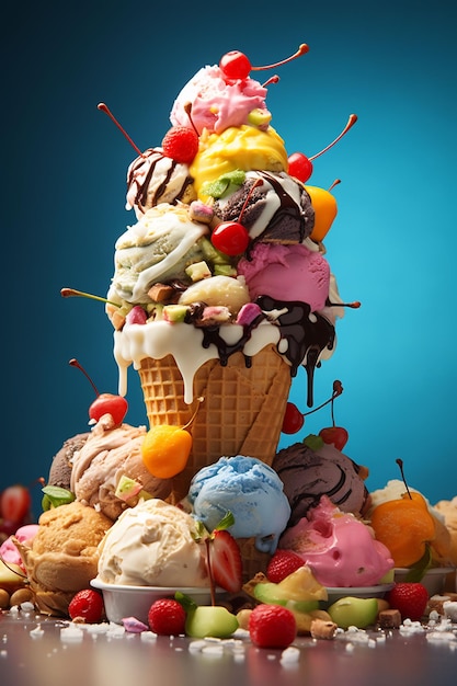 un cono de helado con muchos conos de helado diferentes