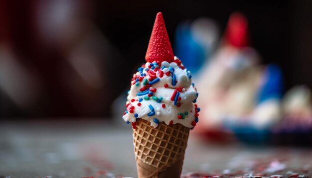 Cono de helado multicolor con fruta fresca generado por IA