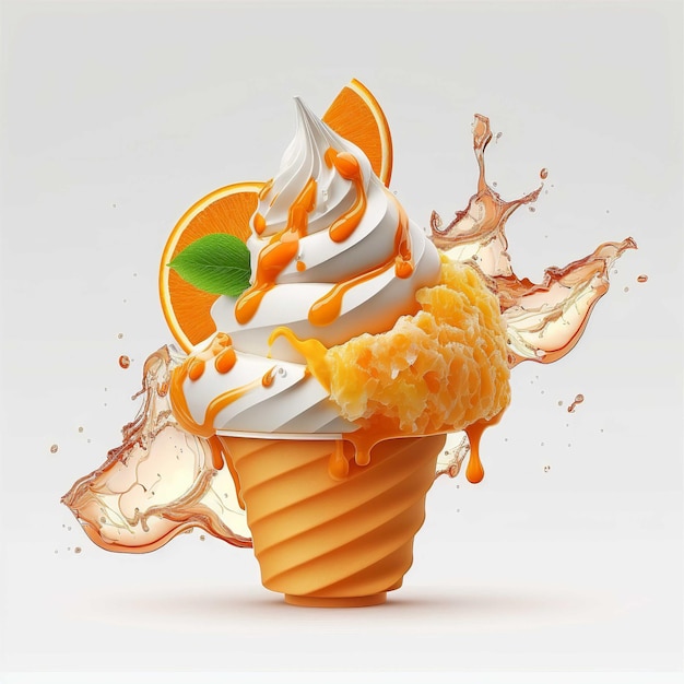 Un cono de helado naranja y blanco con topping de naranja y salpicadura