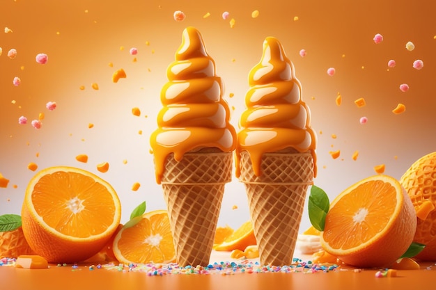 Foto cono de helado de naranja con salpicaduras y mucha deliciosa salsa de narenja