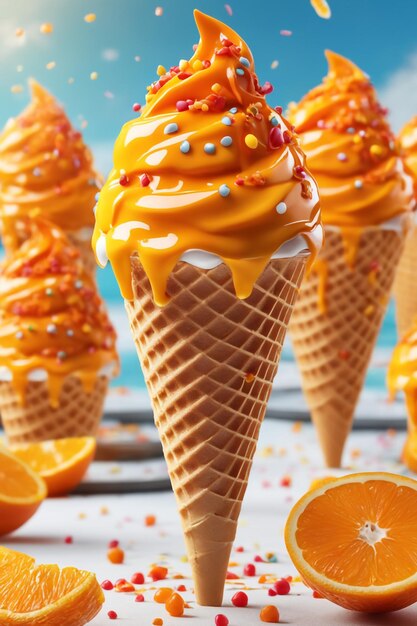 Foto cono de helado de naranja con salpicaduras y mucha deliciosa salsa de narenja