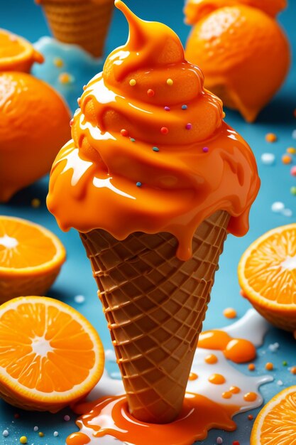 Foto cono de helado de naranja con salpicaduras y mucha deliciosa salsa de narenja