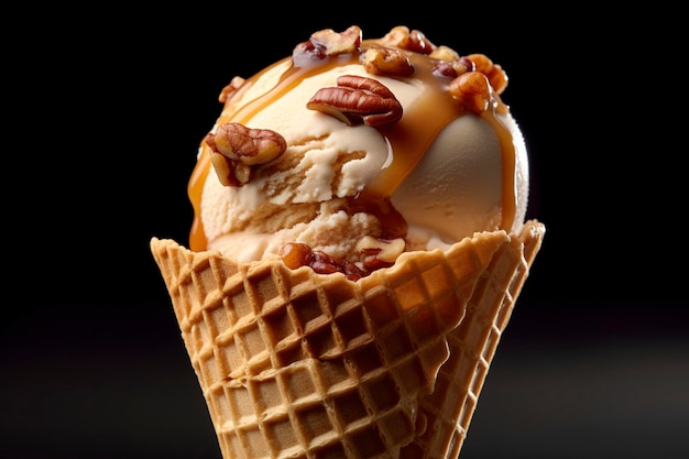 Un cono con helado de nueces de arce praline en un fondo negro