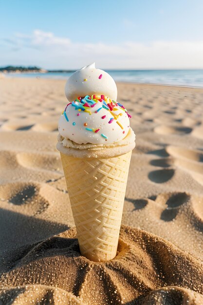 Un cono de helado en la playa