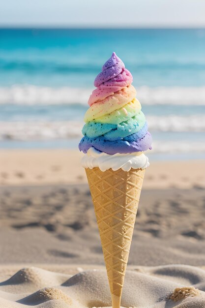 Un cono de helado en la playa