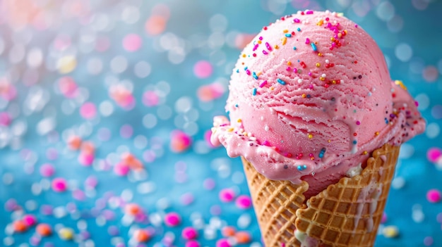 Cono de helado de primer plano Cono de hielo rosado en cono de waffle sobre fondo azul