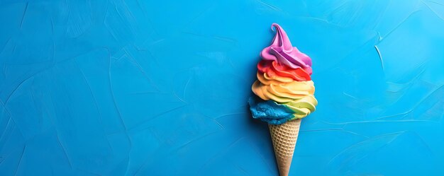 El cono de helado Rainbow Swirl contra un fondo azul