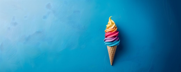 El cono de helado Rainbow Swirl contra un fondo azul