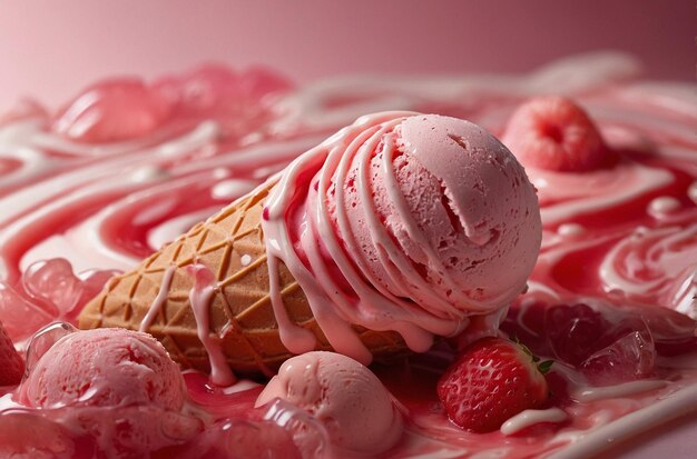 Foto cono de helado con remolinos de sorbete de fresa cremoso delicioso frutal