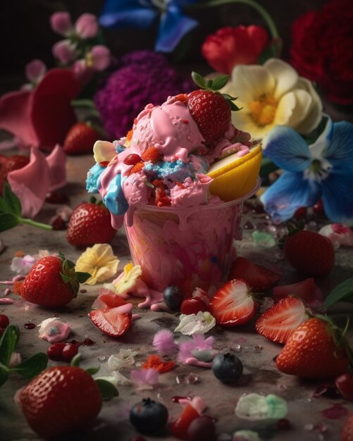 Un cono de helado rosa con arándanos y arándanos sobre una mesa.