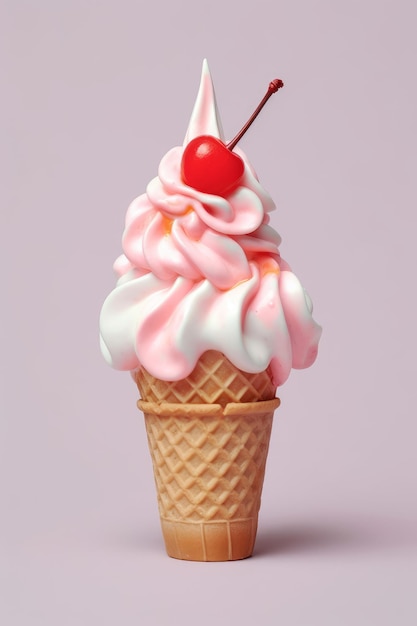 Un cono de helado rosa con una cereza encima.