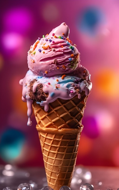 Un cono de helado rosa con chispas de arco iris.