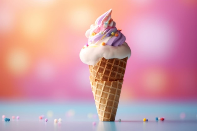 Un cono de helado rosa con un fondo de arco iris