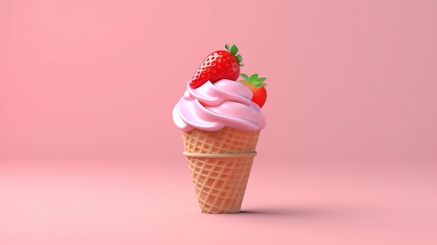 Un cono de helado rosa con una fresa encima