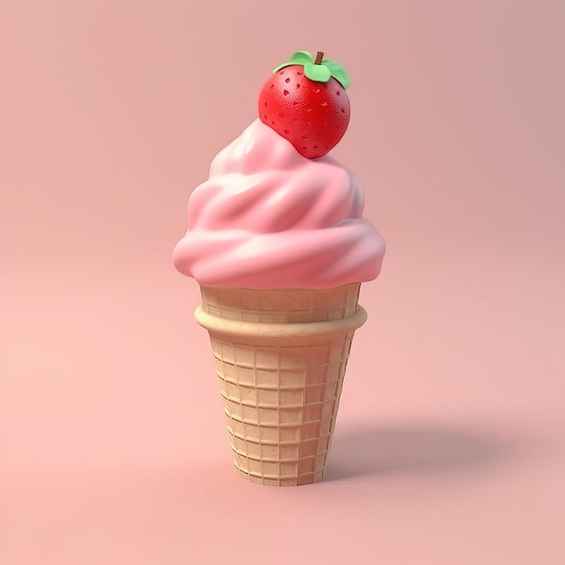 Un cono de helado rosa con una fresa encima.