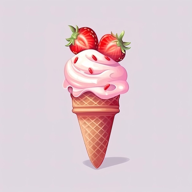 Un cono de helado rosa con fresas.