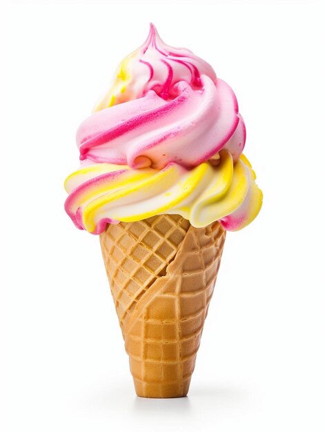 Foto un cono de helado rosa con glaseado amarillo y rosa y glaseado amarillo y rosa.