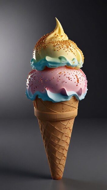 un cono de helado rosa con helado rosa y helado azul