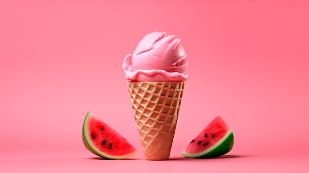 Un cono de helado rosa con sandía.