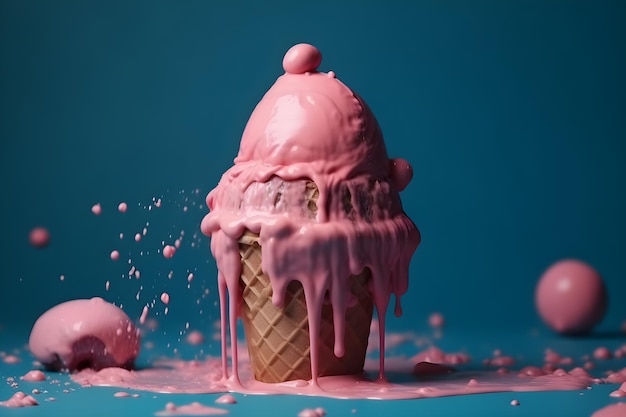 Un cono de helado rosa tiene una cereza.